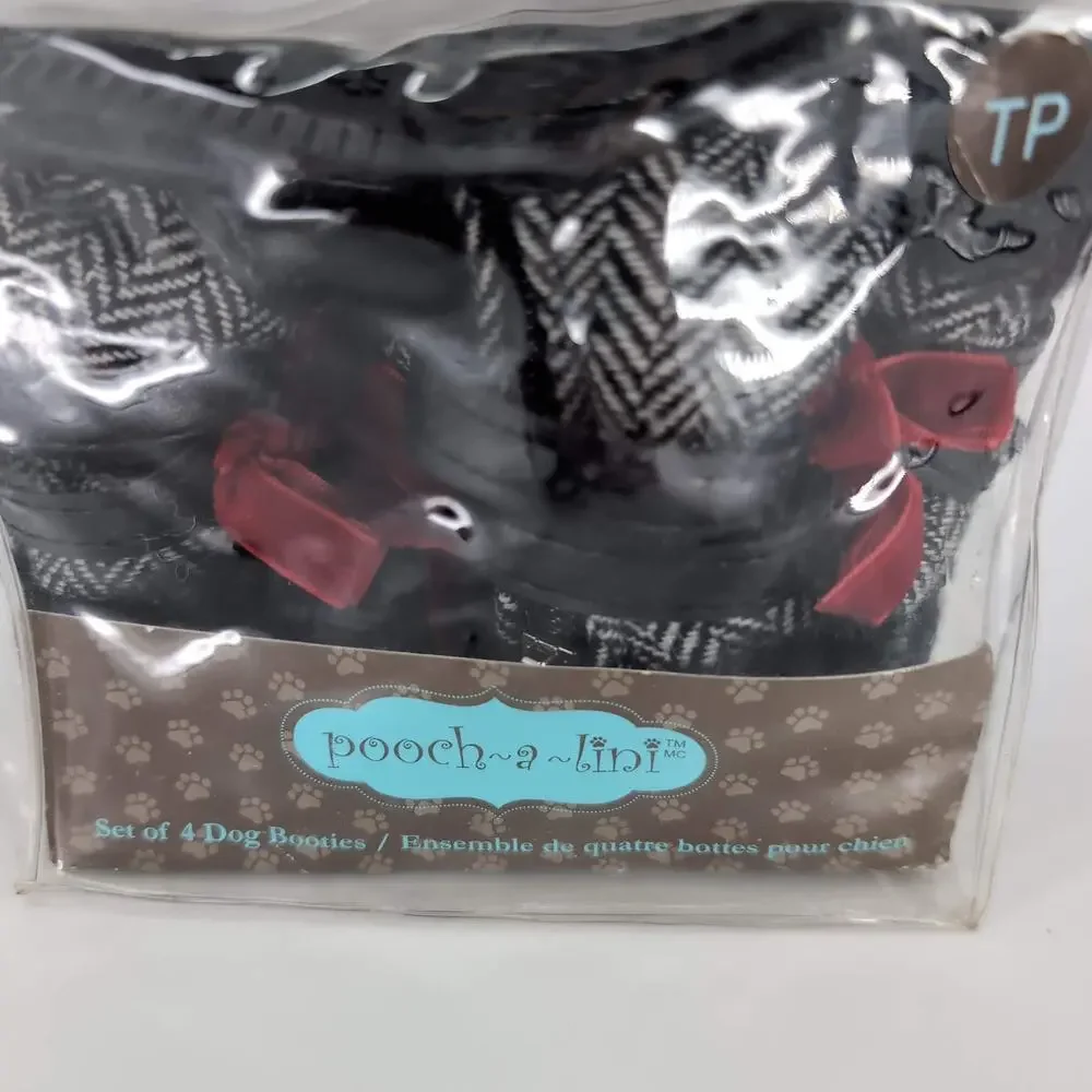 Pooch-A-Lini Pet Black & White Dog Booties with Carry Pouch - Set of FOUR - GUC